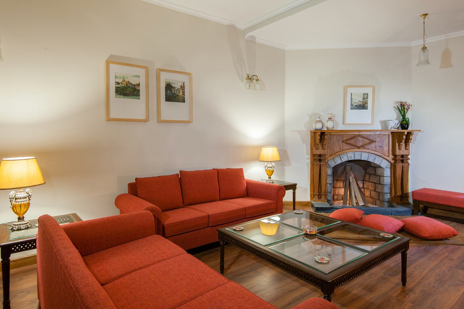 Living room with red sofas
