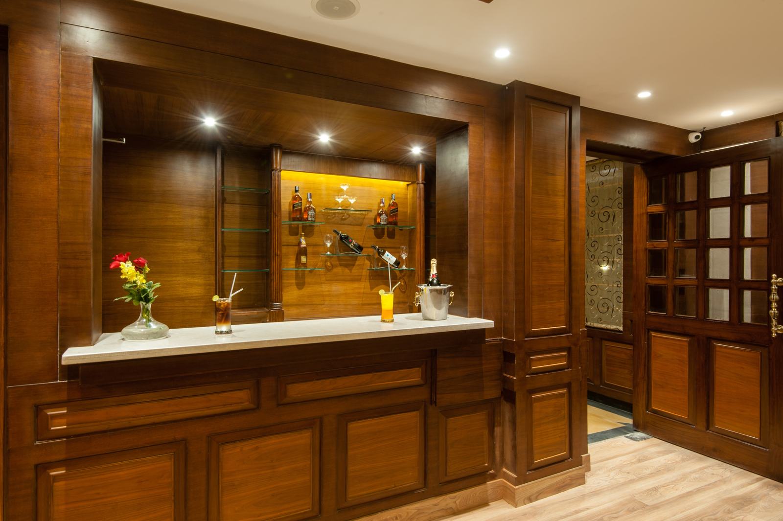 The wood-panelled bar