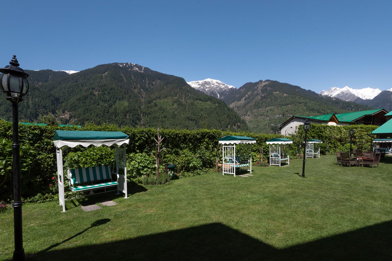 Lawn swings facing the peaks