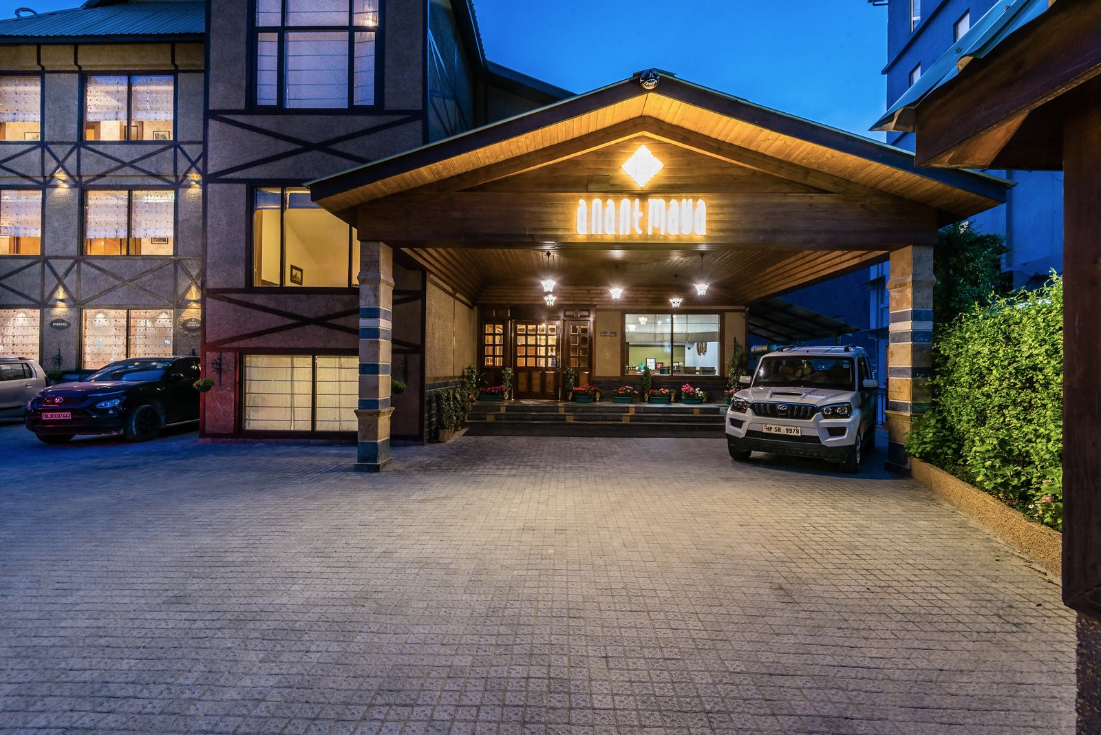 The entrance porch at blue hour